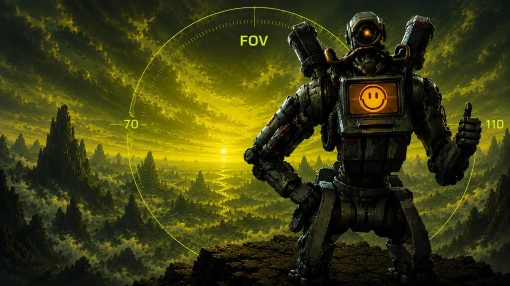 Futuristic gaming landscape with FOV targeting overlay representing Apex Legends field of view calculator and optimization guide.