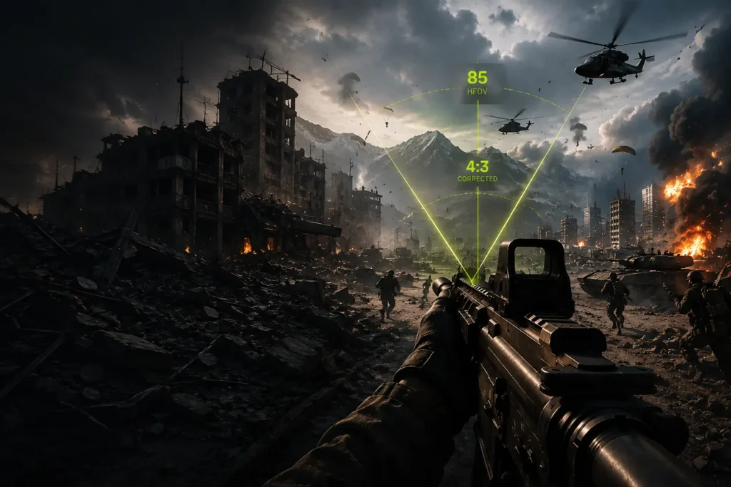 Cinematic Battlefield combat scene featuring soldiers, tanks, helicopters, and mountains representing Battlefield FOV calculator and field of view optimization guide.