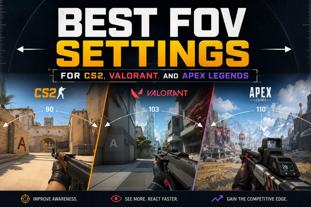 Best FOV settings comparison for CS2, Valorant, and Apex Legends showing recommended field of view values for competitive gameplay and wider visibility.