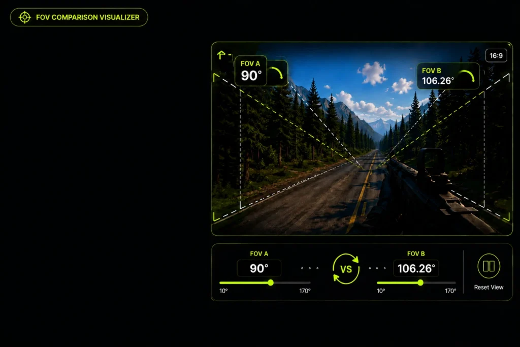 Side-by-side FOV comparison visualizer showing two different field of view settings for gaming monitors and aspect ratios.