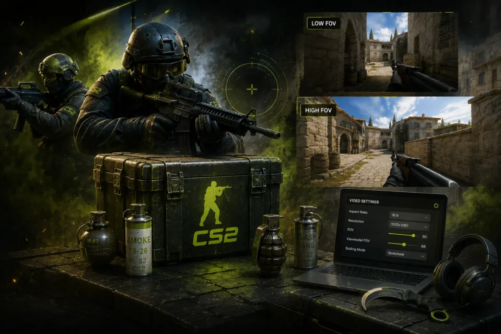 Counter-Strike 2 FOV calculator cover image featuring tactical gameplay visuals, viewmodel FOV comparisons, and CS2 settings optimization.