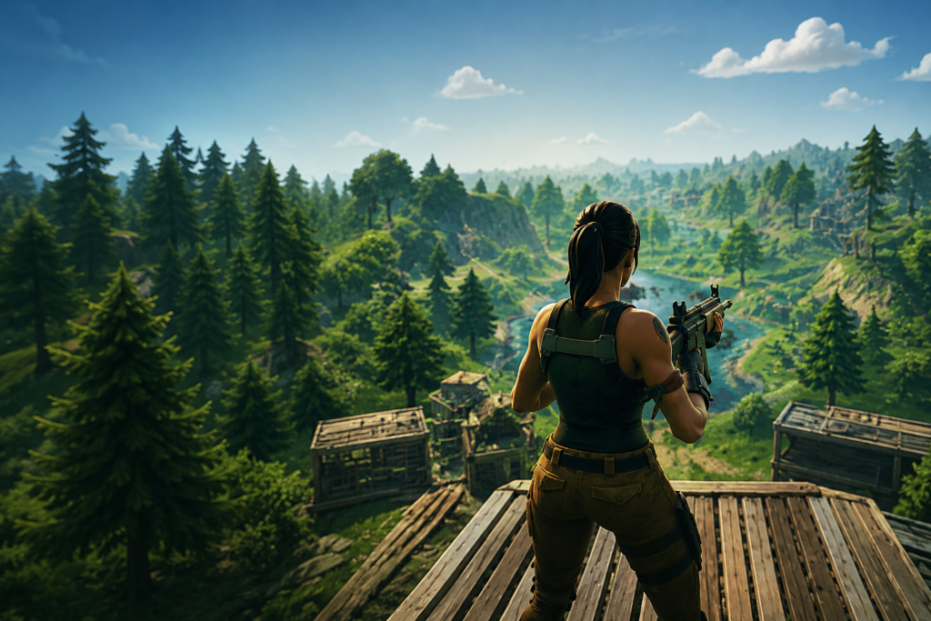 Third-person Fortnite-style gameplay scene overlooking a large landscape from a wooden platform, illustrating wide field of view visibility, enhanced awareness, and competitive gaming perspective.