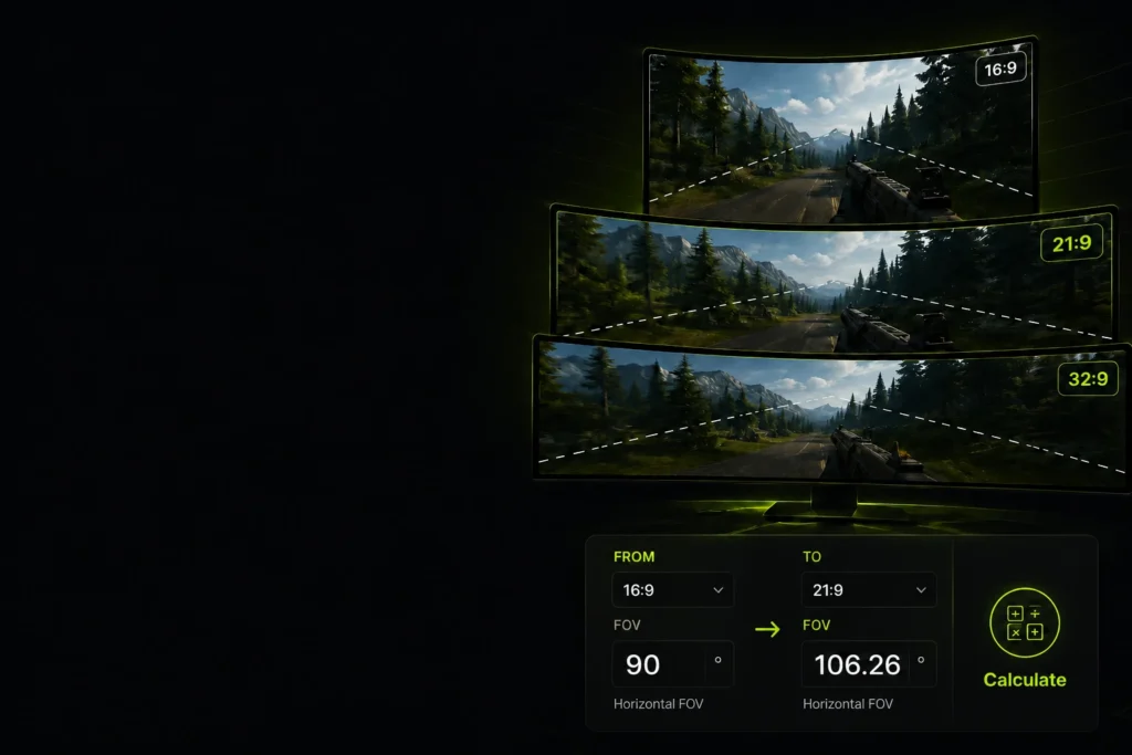 Gaming field of view comparison across 16:9, 21:9 and 32:9 monitors showing wider peripheral vision on ultrawide displays