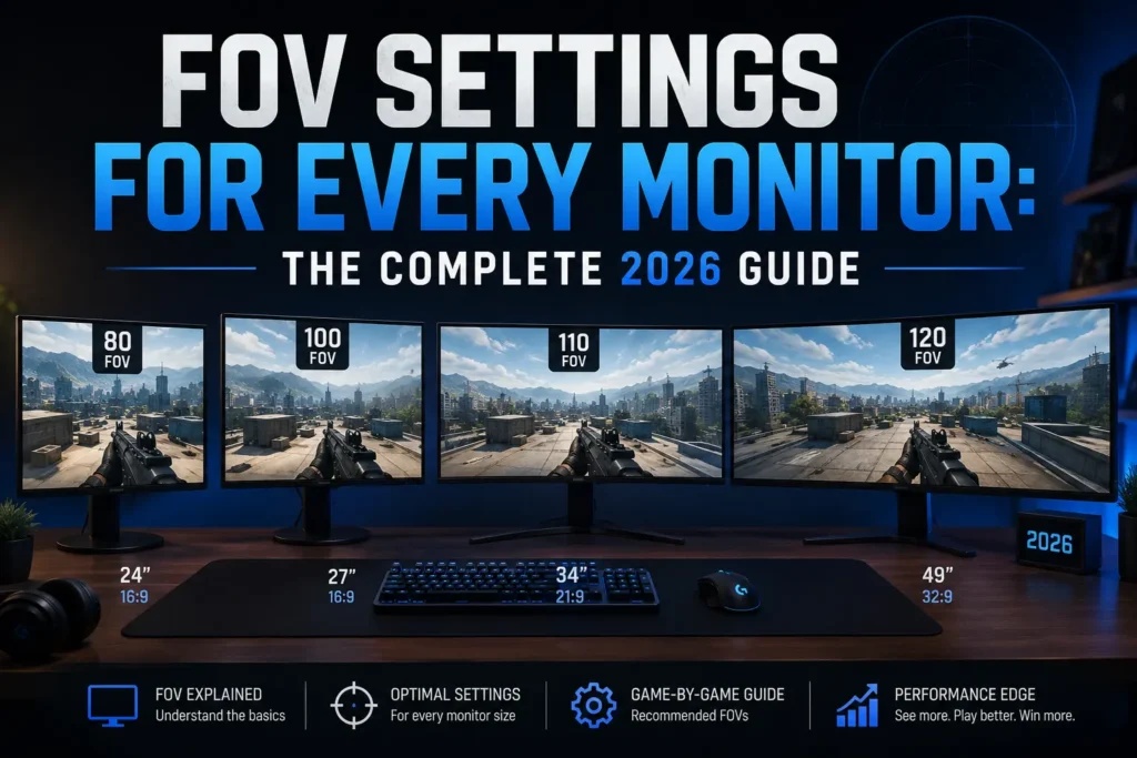 Gaming monitor setup comparing field of view settings across 24-inch, 27-inch, ultrawide, and super ultrawide displays for optimal FOV configuration in 2026.
