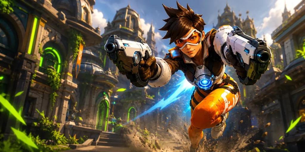 Dynamic Overwatch 2 inspired action scene featuring a futuristic hero with enhanced field of view visualization effects.