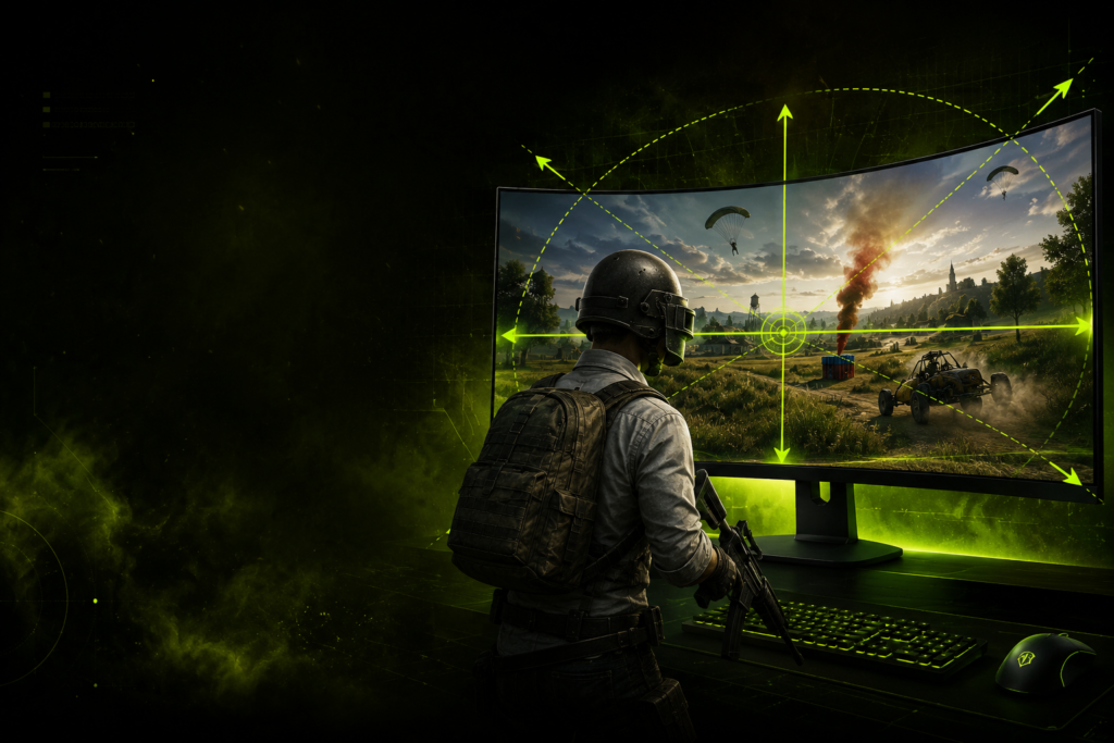 PUBG player using a field of view calculator to improve visibility, situational awareness, and combat performance on a gaming monitor