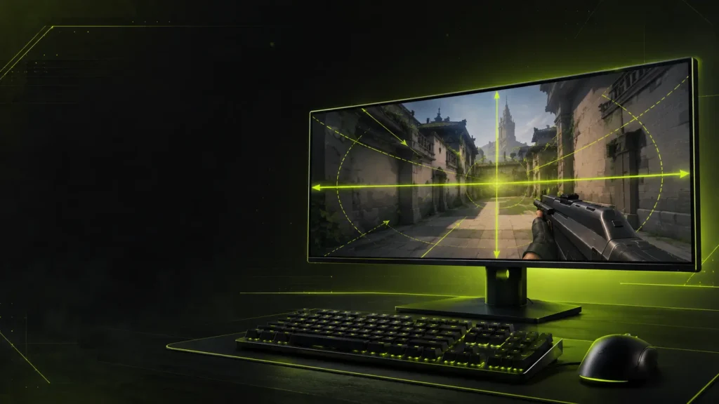 Valorant FOV calculator visualization showing field of view conversion on a gaming monitor