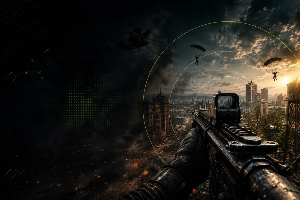 Cinematic Warzone-inspired gaming scene with FOV visualization, tactical weapon view, parachuters, and urban battlefield background representing field of view optimization.
