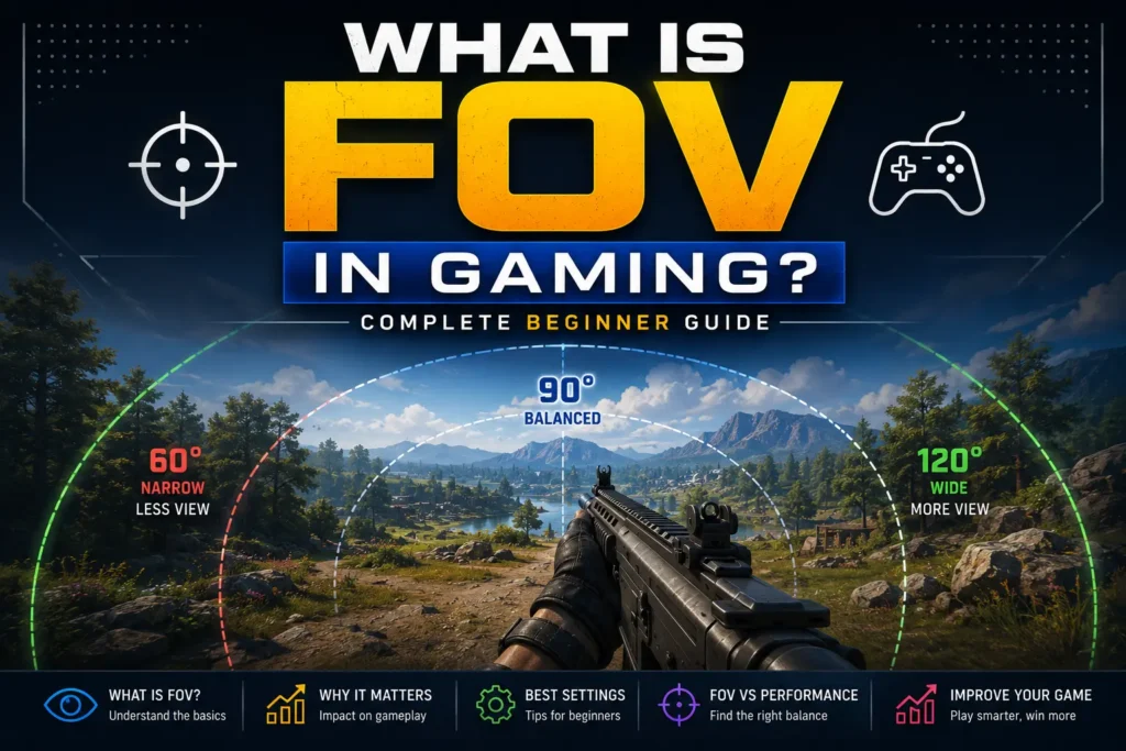 Beginner guide explaining FOV in gaming with visual comparison of narrow, standard, and wide field of view settings in a first-person shooter game.