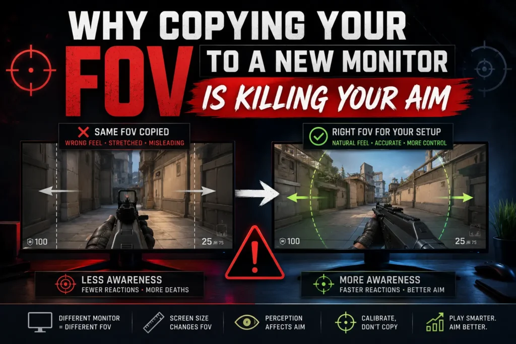Comparison of incorrect and optimized FOV settings on different monitor sizes, showing how copying the same field of view to a new monitor can reduce awareness and negatively affect aiming accuracy in FPS games.