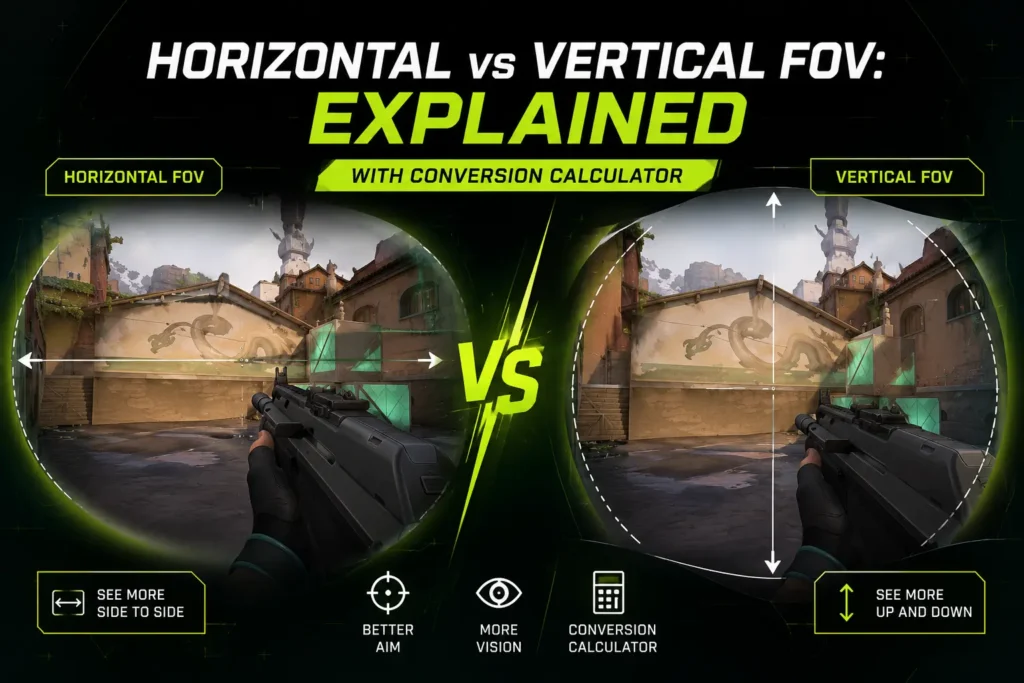 Horizontal vs vertical FOV comparison showing field of view angles and conversion calculator