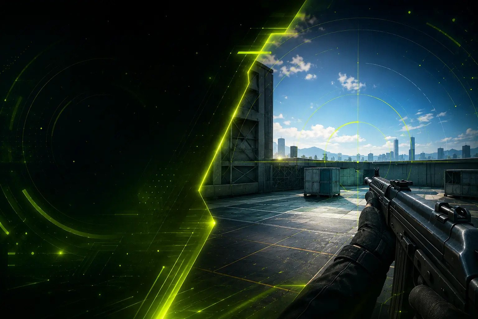 Futuristic FPS gaming scene illustrating a sensitivity and FOV calculator with crosshair overlay, rooftop map, and cross-game aiming concept.