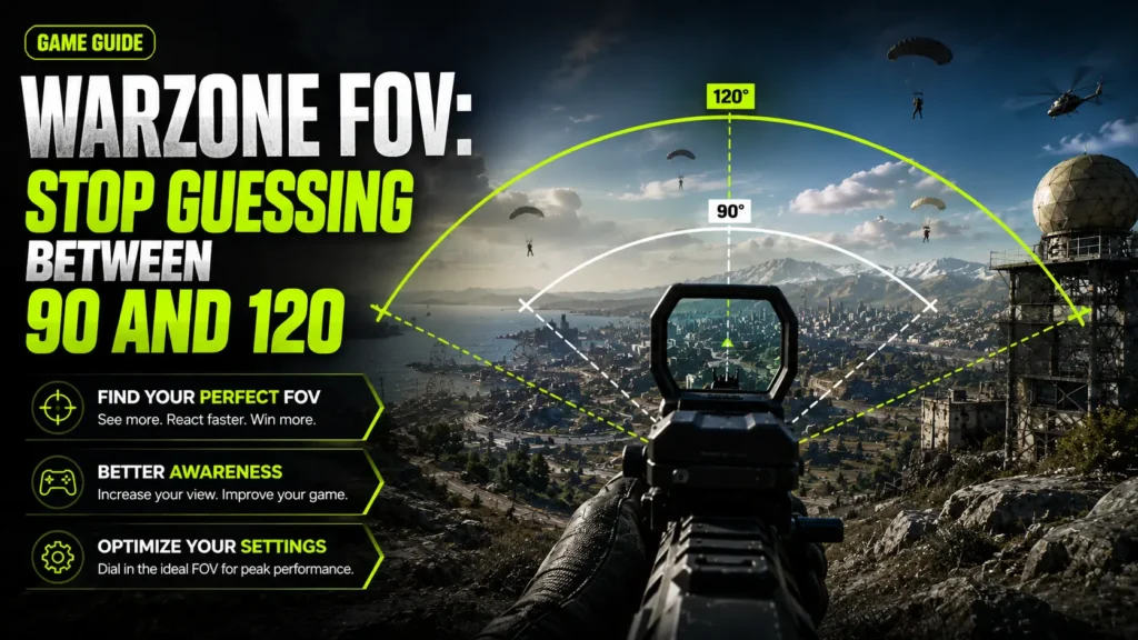 Warzone FOV comparison between 90 and 120 field of view settings for better visibility, aiming, and FPS performance.