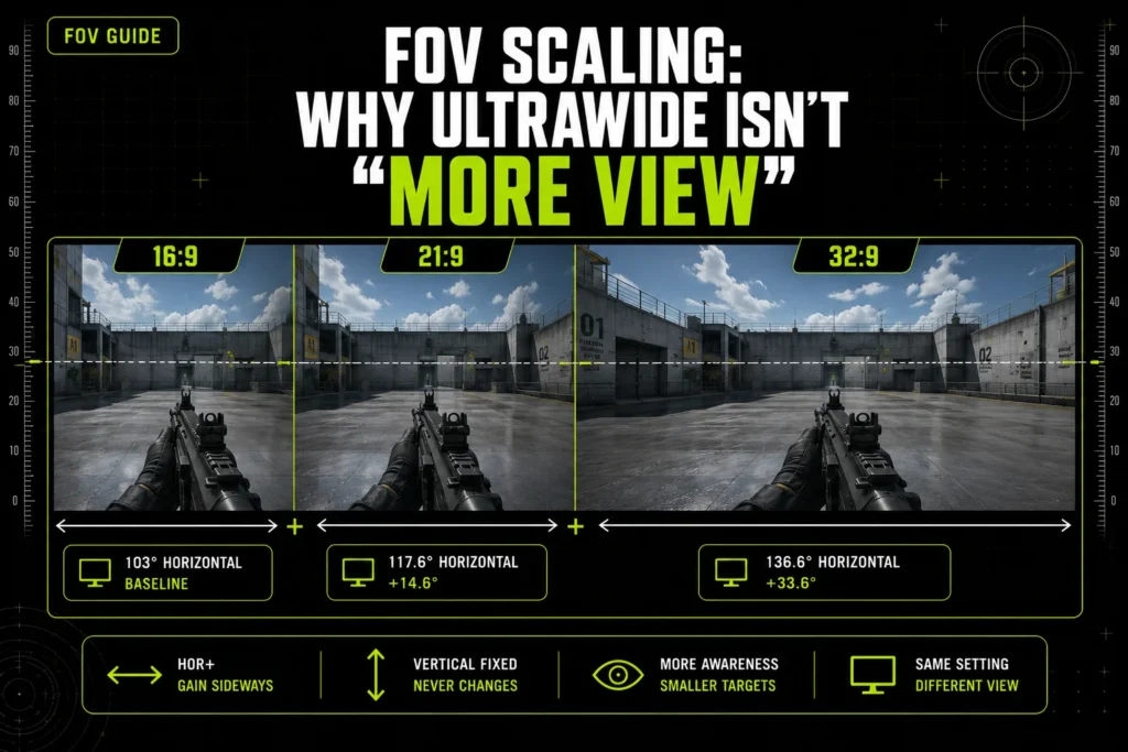 Three panels at 16:9, 21:9 and 32:9 showing identical vertical view with progressively wider horizontal coverage, illustrating Hor+ FOV scaling