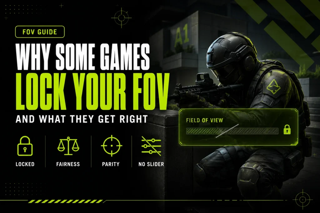 Tactical agent with a locked, greyed-out field of view slider overlay, illustrating why some games lock FOV