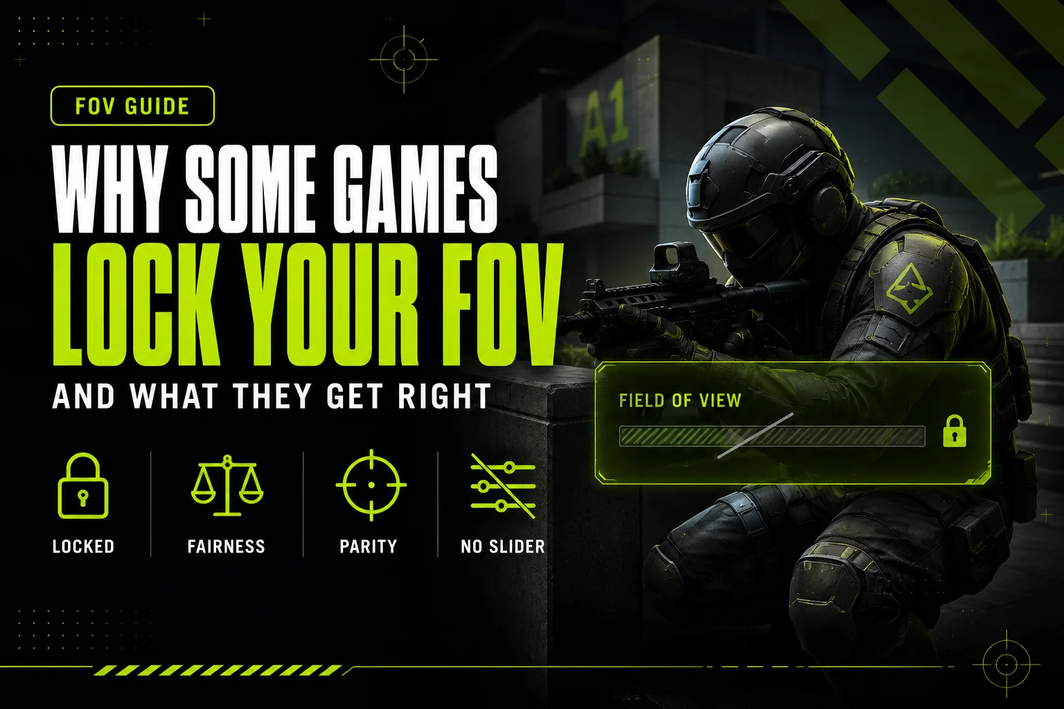 Tactical agent with a locked, greyed-out field of view slider overlay, illustrating why some games lock FOV