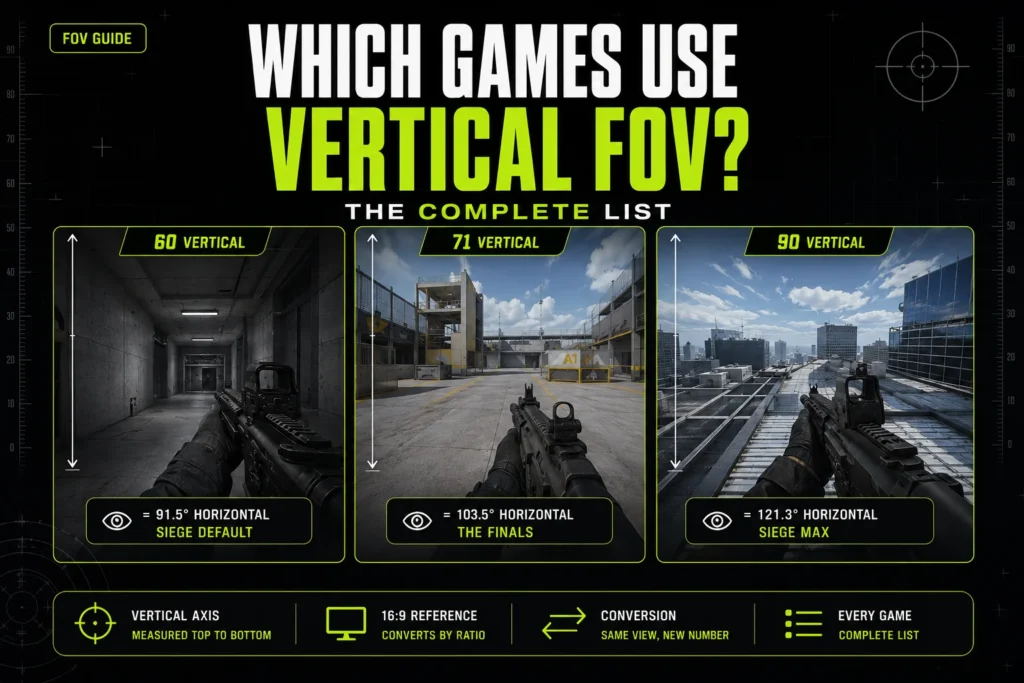 Three-panel comparison of vertical FOV values 60, 71 and 90 with their horizontal equivalents, illustrating which games use vertical field of view